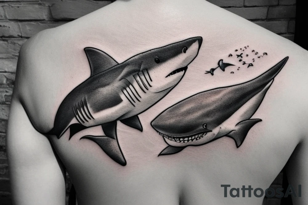 on the lower back of my back, a shark is swimming in the ocean tattoo idea