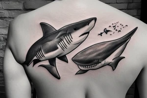 on the lower back of my back,  a shark is swimming in the ocean tattoo idea