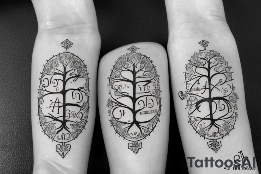 A family tree, the names Алексей and Катерина are written near the roots. tattoo idea