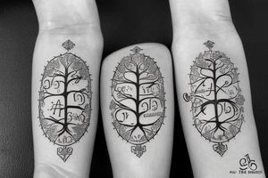 A family tree, the names Алексей and Катерина are written near the roots. tattoo idea