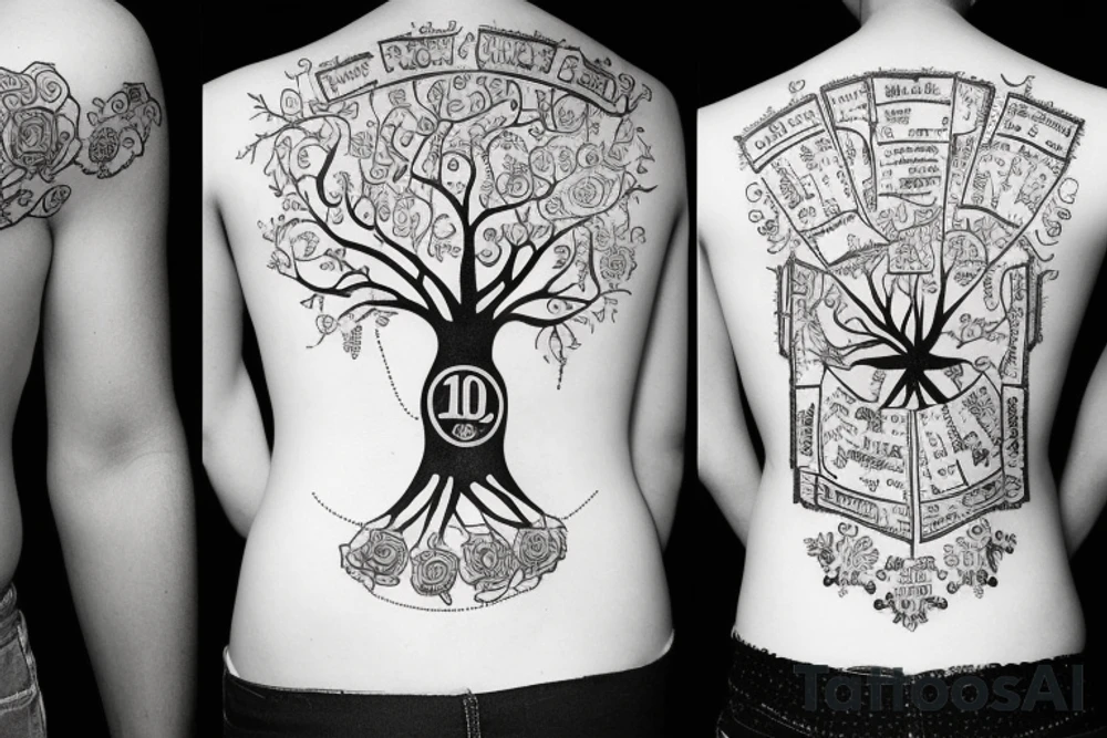 A family tree, the names Алексей and Катерина are written near the roots. tattoo idea
