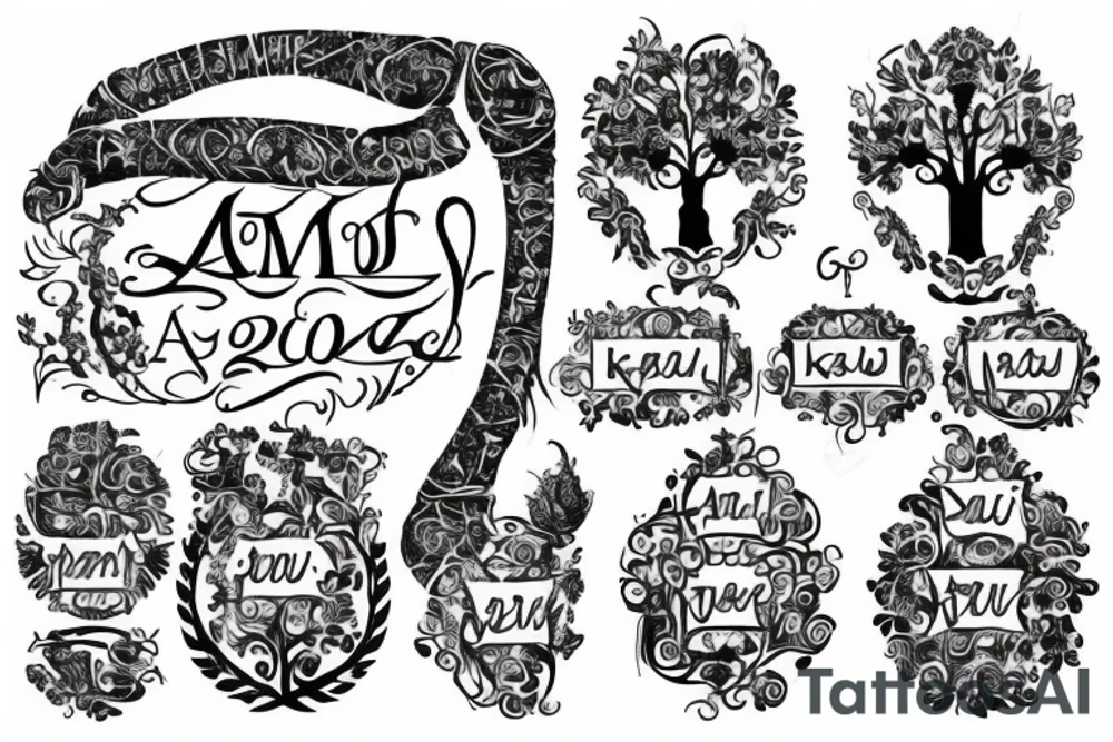 A family tree, the names Алексей and Катерина are written near the roots. tattoo idea
