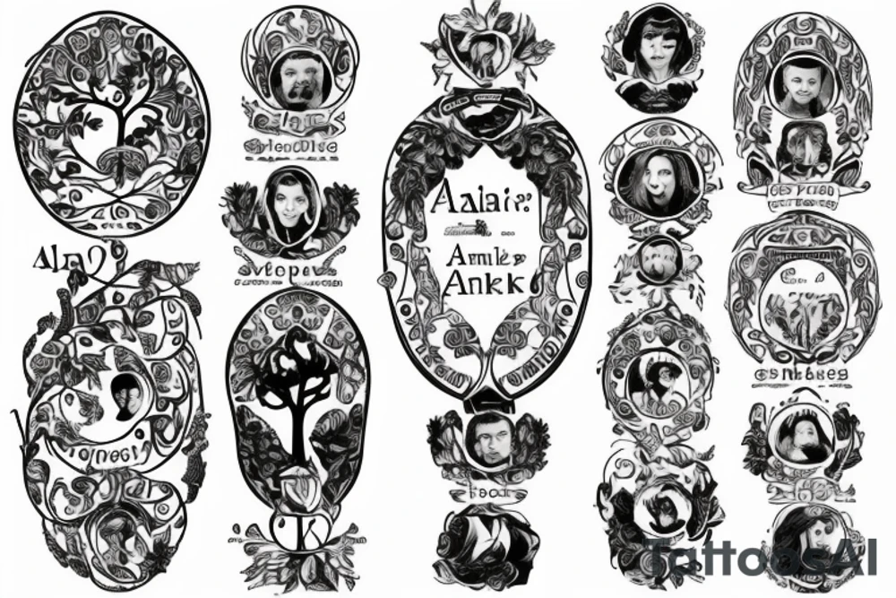 A family tree, the names Алексей and Катерина are written near the roots. tattoo idea