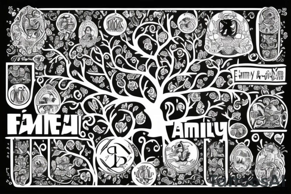 A family tree, the names Алексей and Катерина are written near the roots. tattoo idea