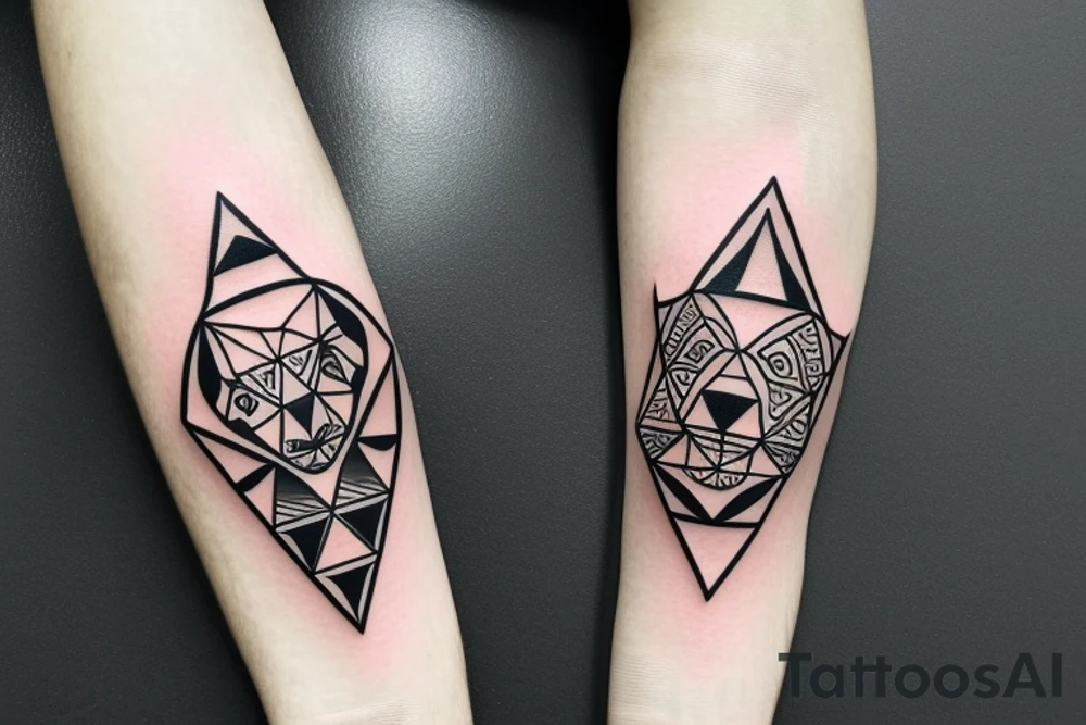 Cute bear sitting in a triangle with geometric triangle pattern all around, armband style tattoo idea