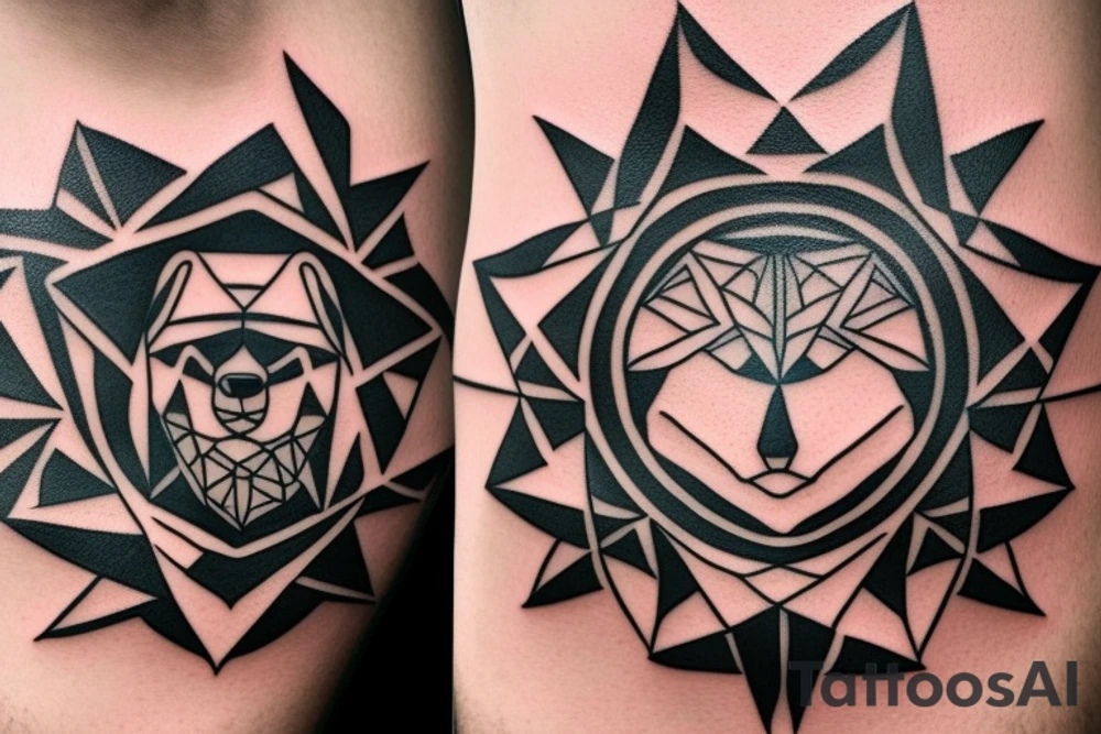 Bear symbol inside of a triangle. Smaller symmetrical triangle pattern around, wraps around arm tattoo idea