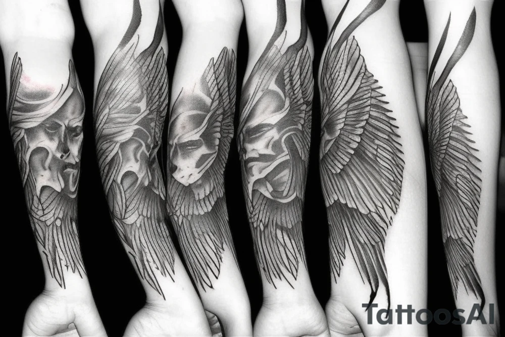 Fallen Angel tattoo over the knee
Trident on the knee below the Fallen Angel tattoo tattoo idea