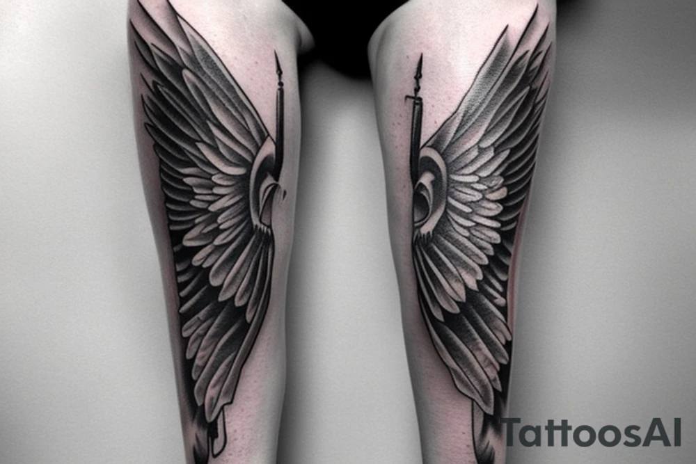 Fallen Angel tattoo over the knee
Trident on the knee below the Fallen Angel tattoo tattoo idea