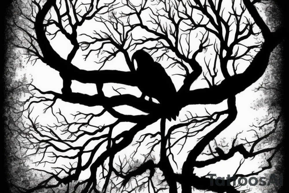 hawk silhouette with trees and river tattoo idea