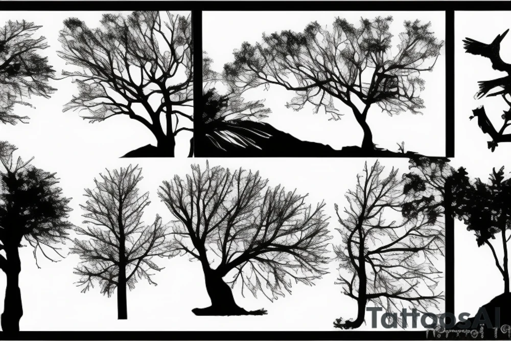 hawk silhouette with trees and river tattoo idea