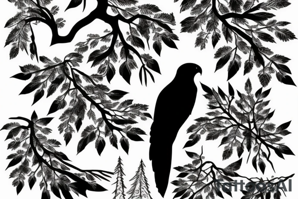 hawk silhouette with trees and river tattoo idea