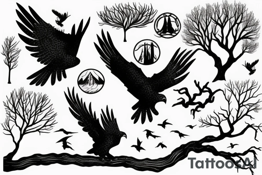 hawk silhouette with trees and river tattoo idea