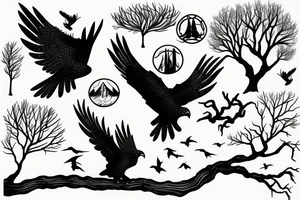 hawk silhouette with trees and river tattoo idea