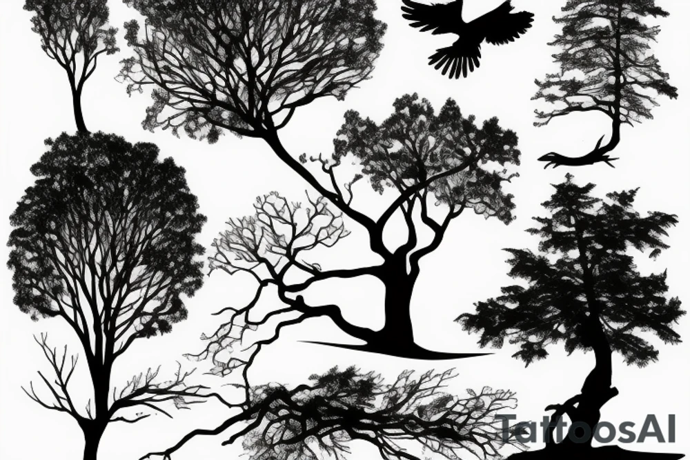 hawk silhouette containing trees and river tattoo idea