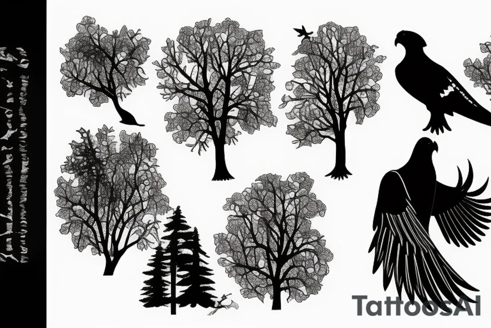 hawk silhouette containing trees and river tattoo idea