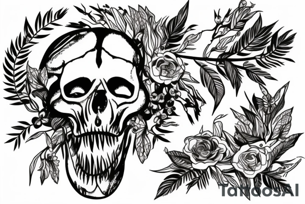 Dinosaur skull with a branch of flowers and leaves intertwined tattoo idea