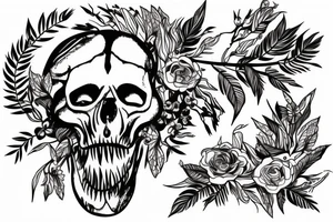Dinosaur skull with a branch of flowers and leaves intertwined tattoo idea
