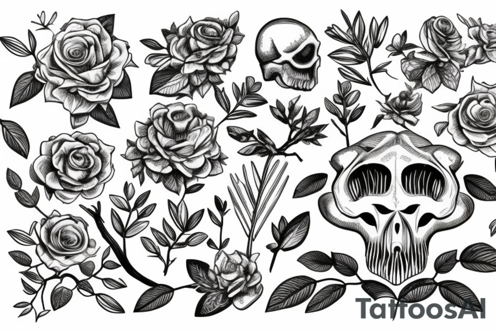 Dinosaur skull with a branch of flowers and leaves intertwined tattoo idea