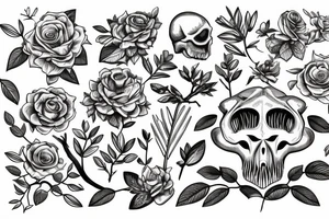 Dinosaur skull with a branch of flowers and leaves intertwined tattoo idea