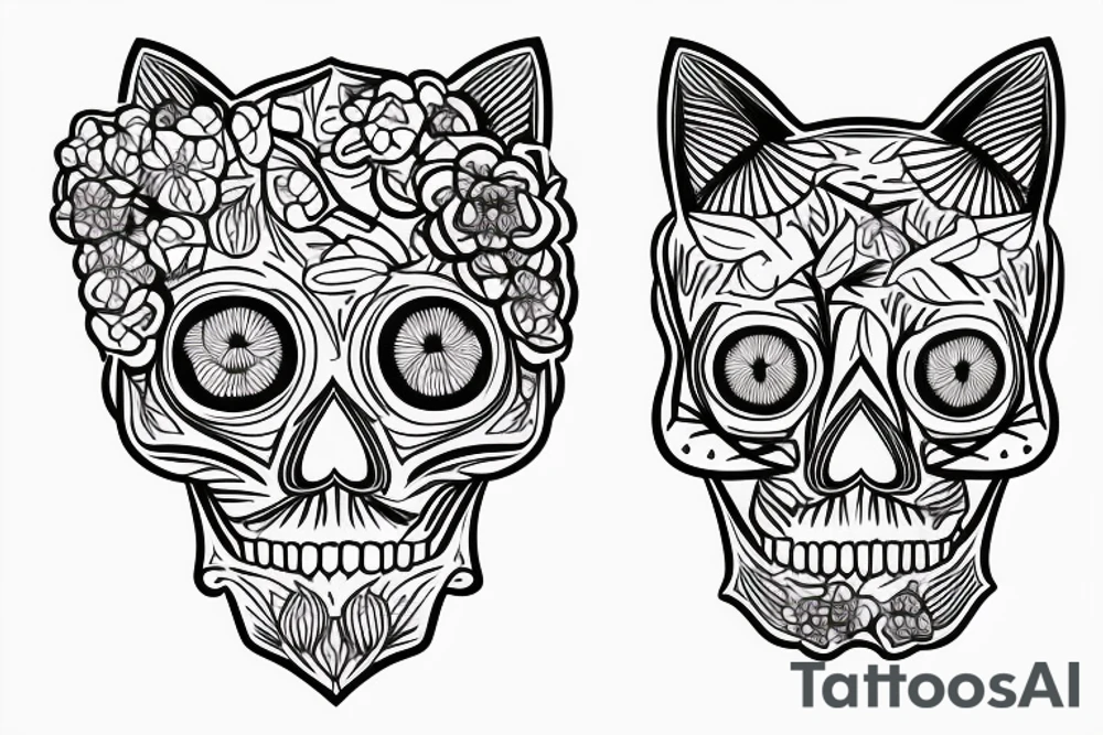 cat skull with a branch of flowers and leaves intertwined tattoo idea