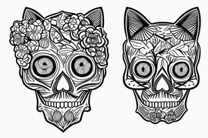 cat skull with a branch of flowers and leaves intertwined tattoo idea