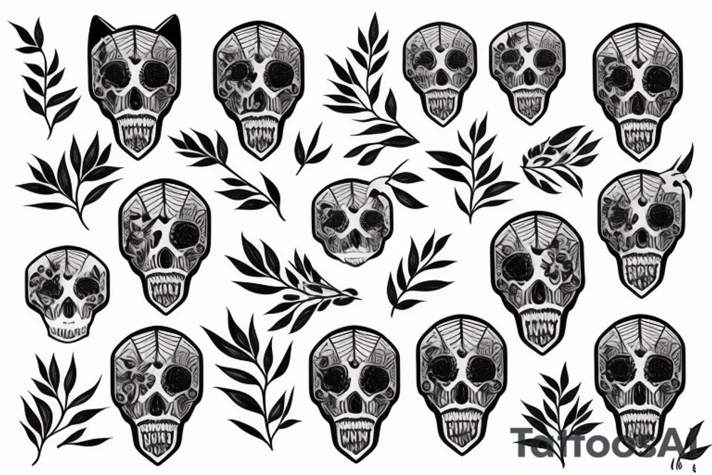 cat skull with a branch of flowers and leaves intertwined tattoo idea