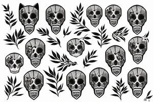 cat skull with a branch of flowers and leaves intertwined tattoo idea