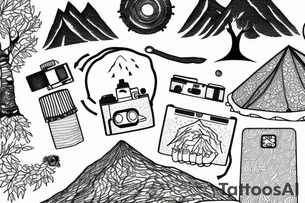 tent, mountain, camera, tree tattoo idea