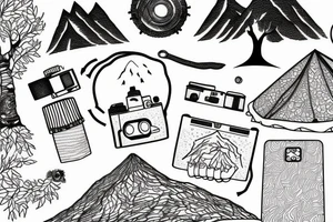 tent, mountain, camera, tree tattoo idea