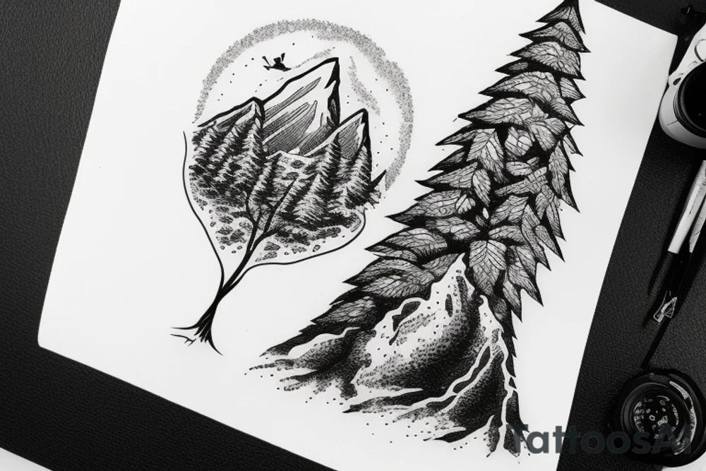 tent, mountain, camera, tree tattoo idea