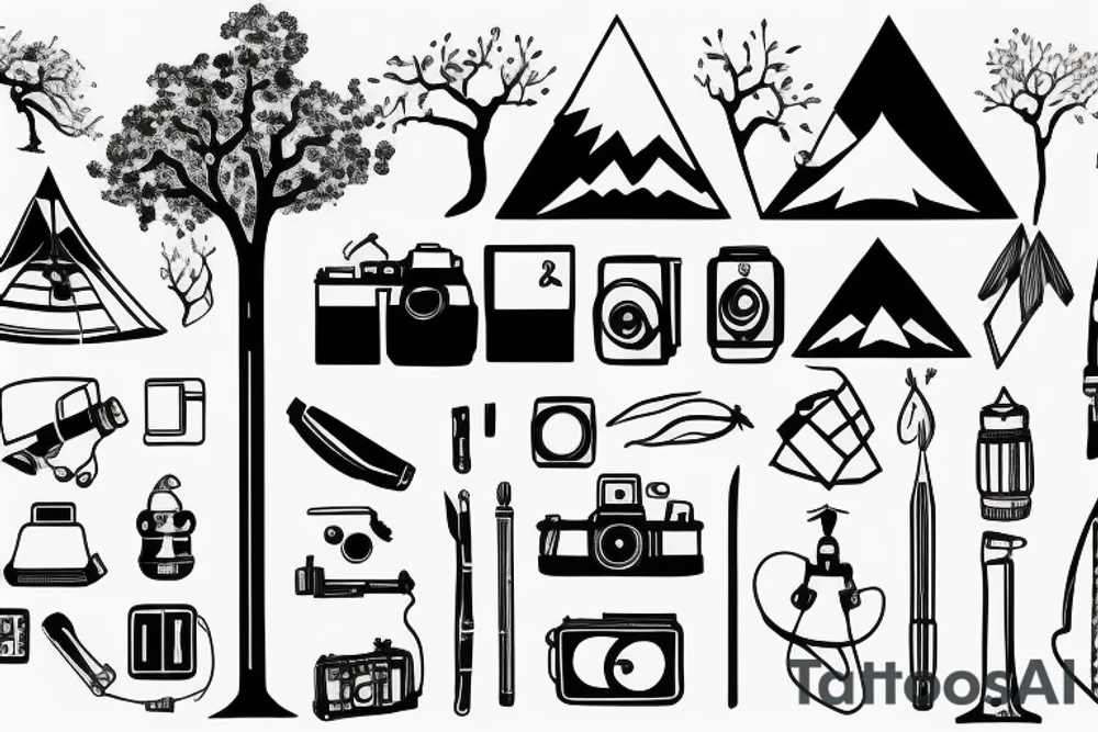 tent, mountain, camera, tree tattoo idea