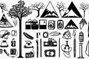 tent, mountain, camera, tree tattoo idea