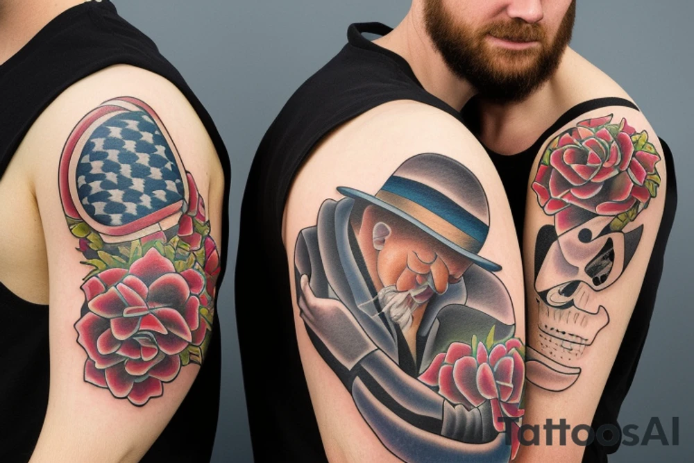 two men hugging american traditional tattoo idea