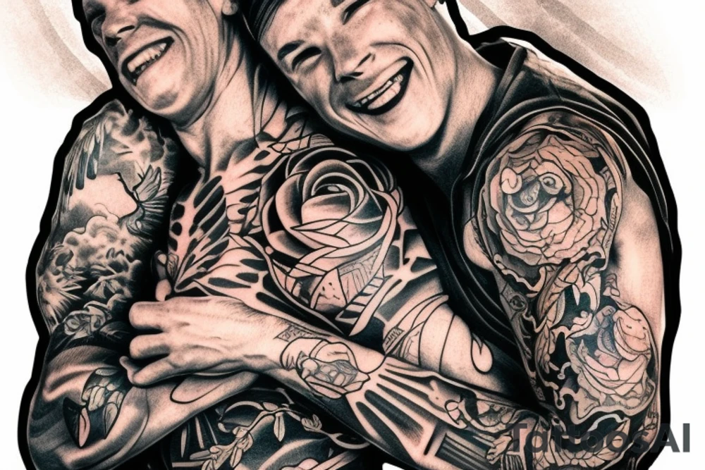 two men hugging american traditional tattoo idea