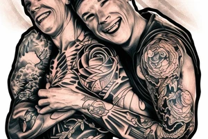 two men hugging american traditional tattoo idea