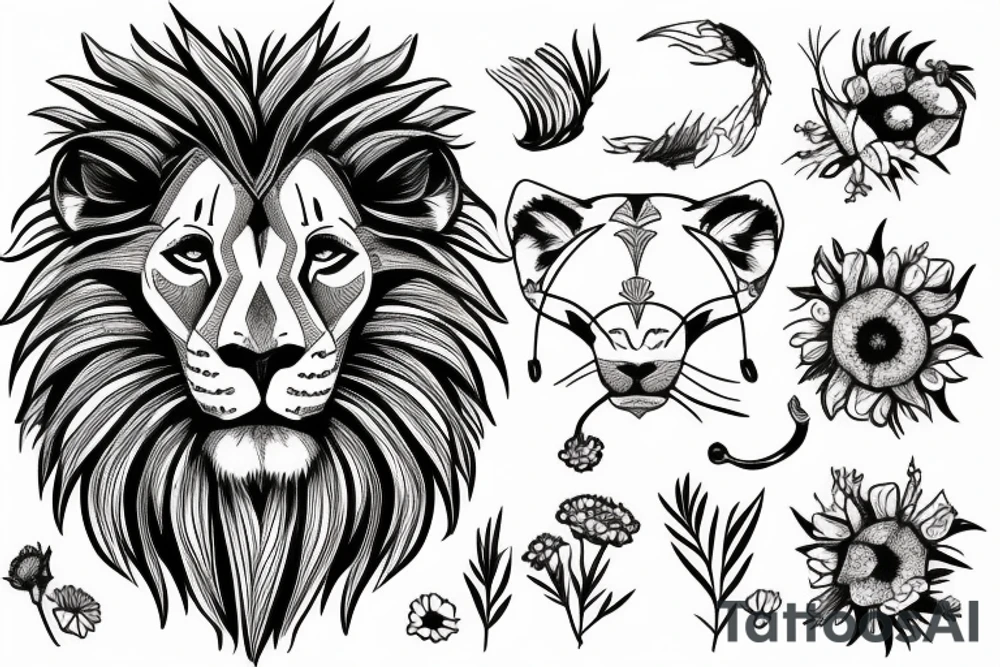 lion with chamomile flower in his mouth tattoo idea