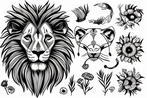 lion with chamomile flower in his mouth tattoo idea