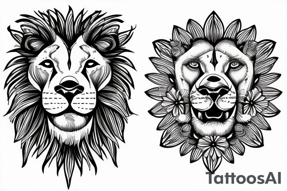 lion with daisy flower in his mouth tattoo idea