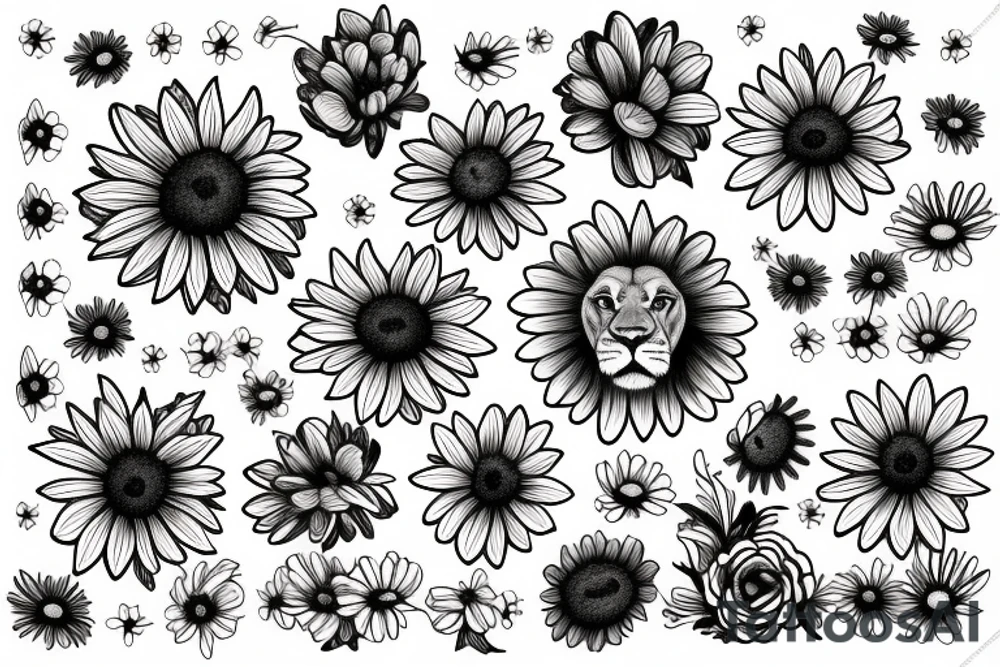 lion with daisy flower tattoo idea
