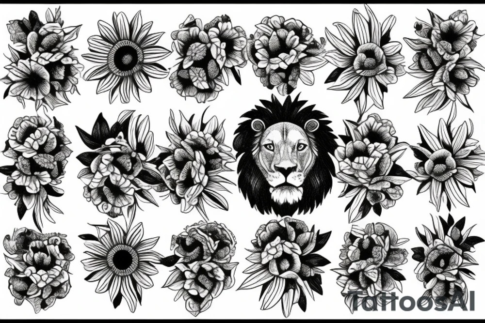 lion with daisy flower tattoo idea