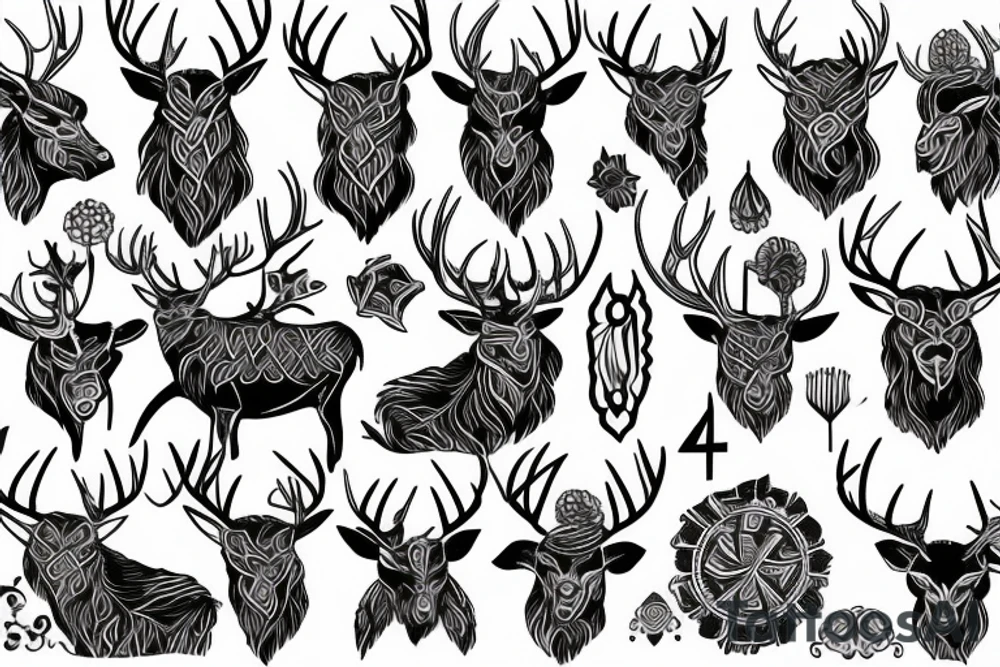 viking stag with scottish flowers tattoo idea