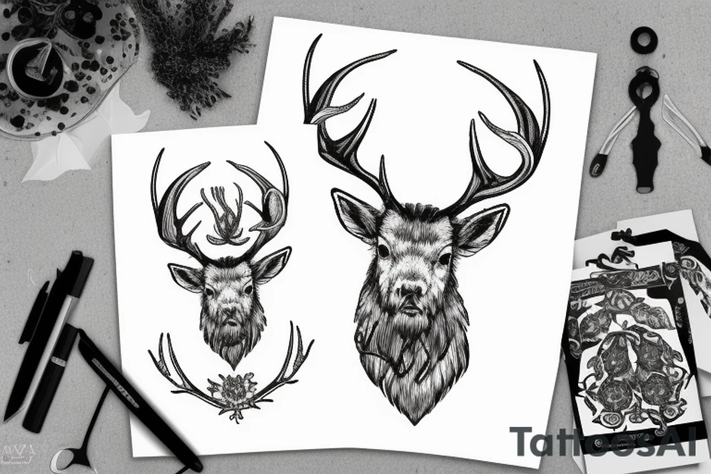viking stag with scottish flowers tattoo idea