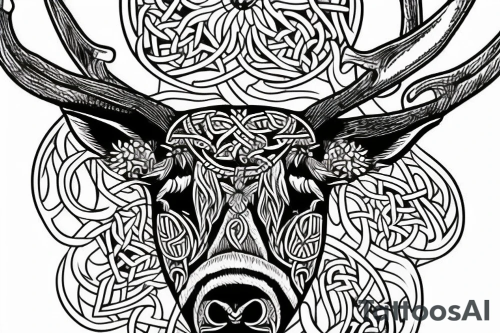 viking stag with scottish flowers tattoo idea