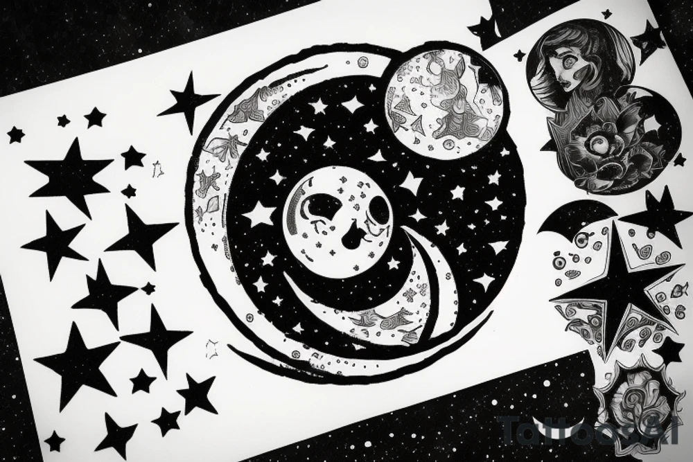 Moon shooting through gemini wiht stars tattoo idea