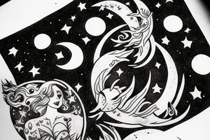 Moon shooting through gemini wiht stars tattoo idea