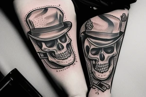 skeleton with hat, guns, suspenders "I've not yet begun to defile myself" tattoo idea