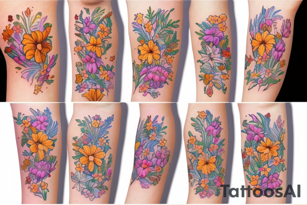 Puerto Rico flowers with Sun tattoo idea