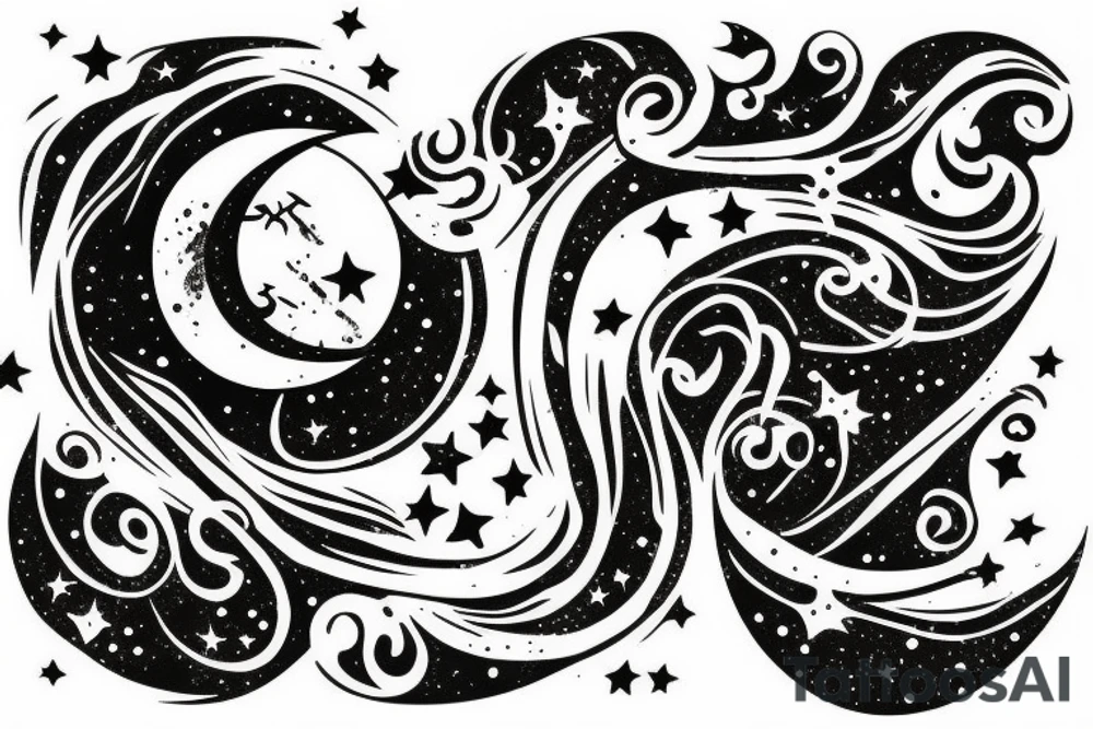 Moon shooting through gemini wiht stars tattoo idea