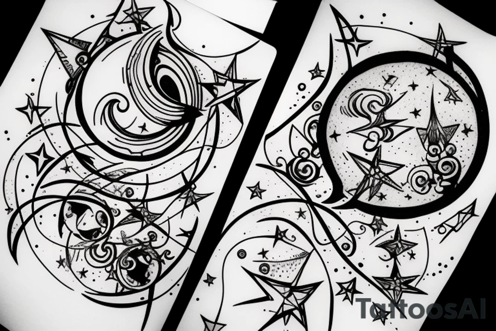 Moon shooting through gemini wiht stars tattoo idea