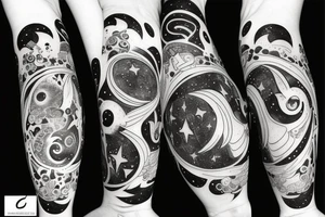 Moon shooting through gemini wiht stars tattoo idea